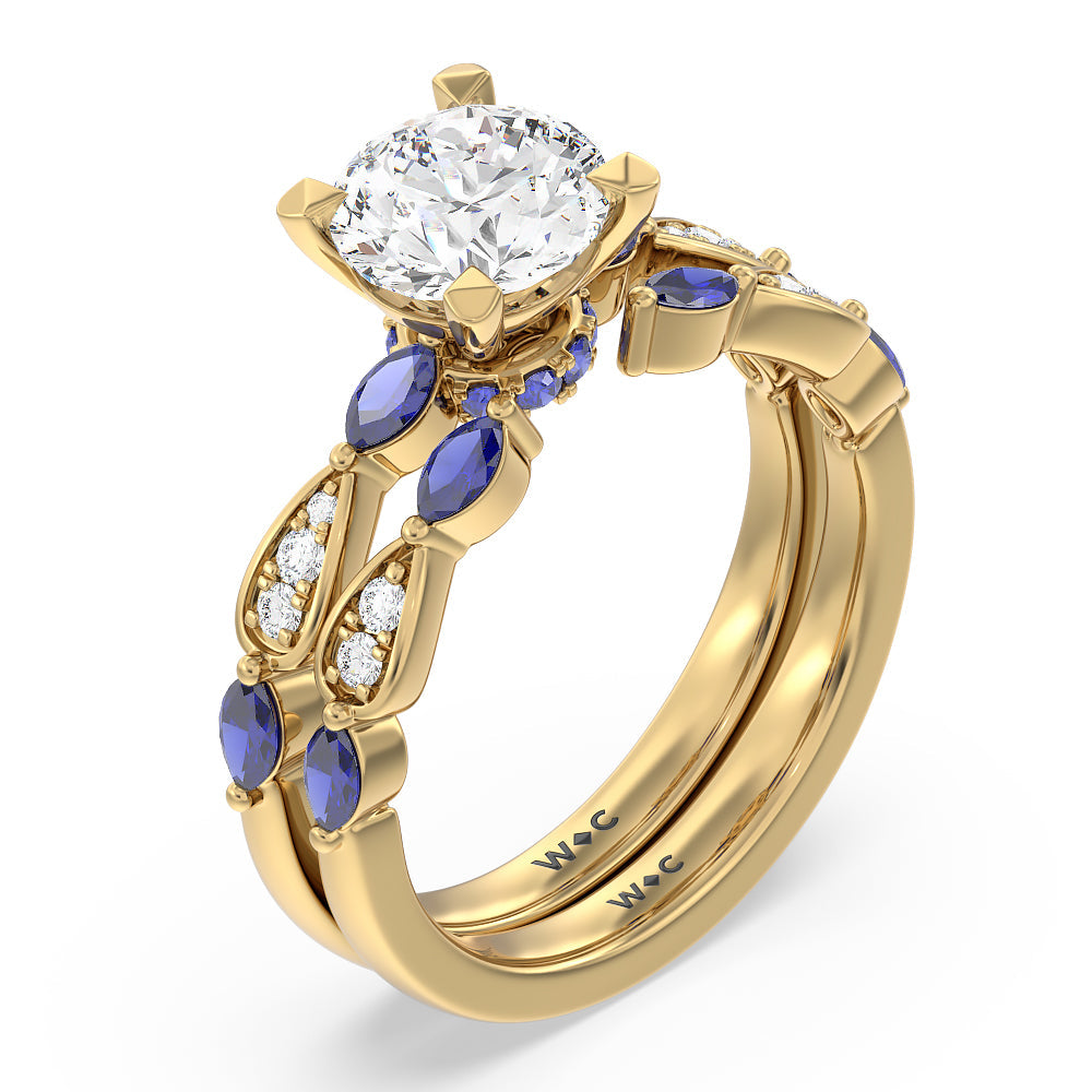 Oval Cut Gerbera Marquise Created Blue Sapphire and Diamond Engagement Ring with Lab Grown Diamond in 14KT Yellow Gold view 4
