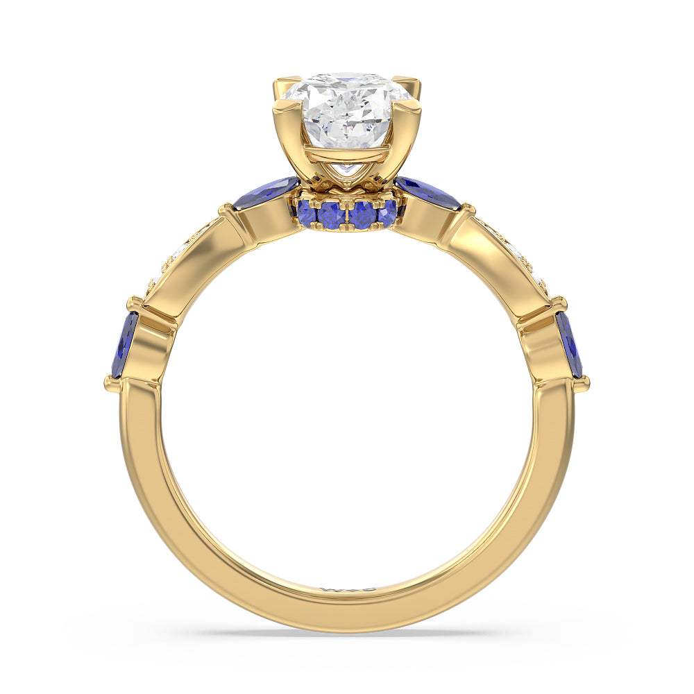 Oval Cut Gerbera Marquise Created Blue Sapphire and Diamond Engagement Ring with Lab Grown Diamond in 14KT Yellow Gold view 2
