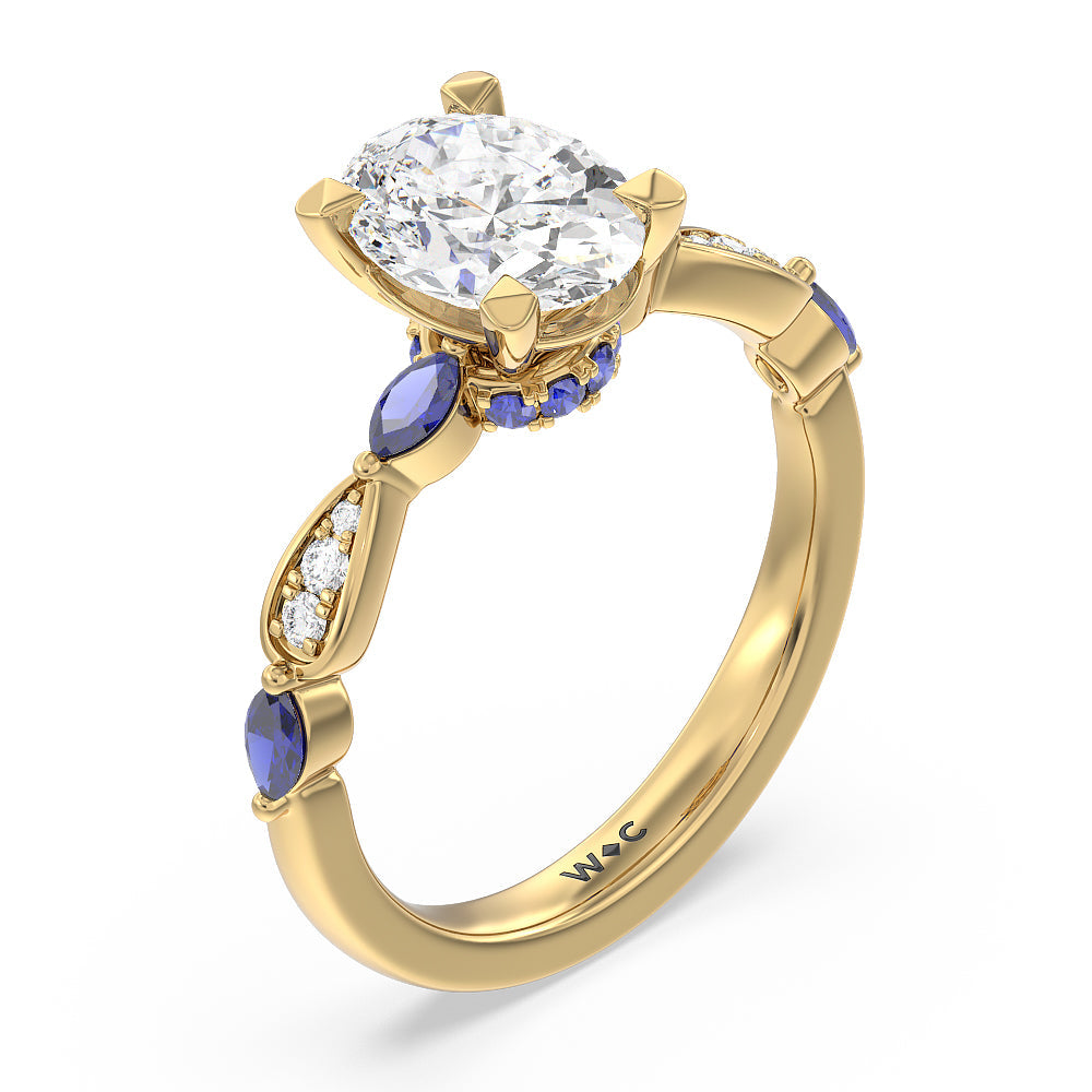 Oval Cut Gerbera Marquise Created Blue Sapphire and Diamond Engagement Ring with Lab Grown Diamond in 14KT Yellow Gold view 3
