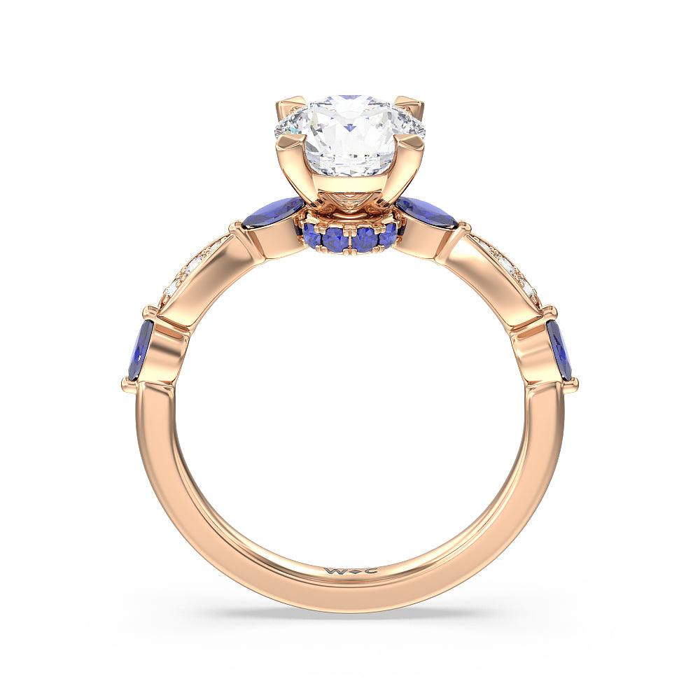 Round Cut Gerbera Marquise Created Blue Sapphire and Diamond Engagement Ring with Lab Grown Diamond in 14KT Rose Gold view 2
