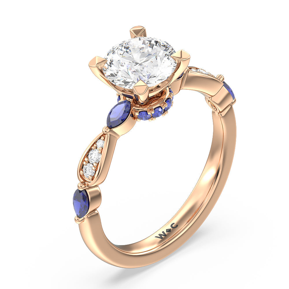 Round Cut Gerbera Marquise Created Blue Sapphire and Diamond Engagement Ring with Lab Grown Diamond in 14KT Rose Gold view 3
