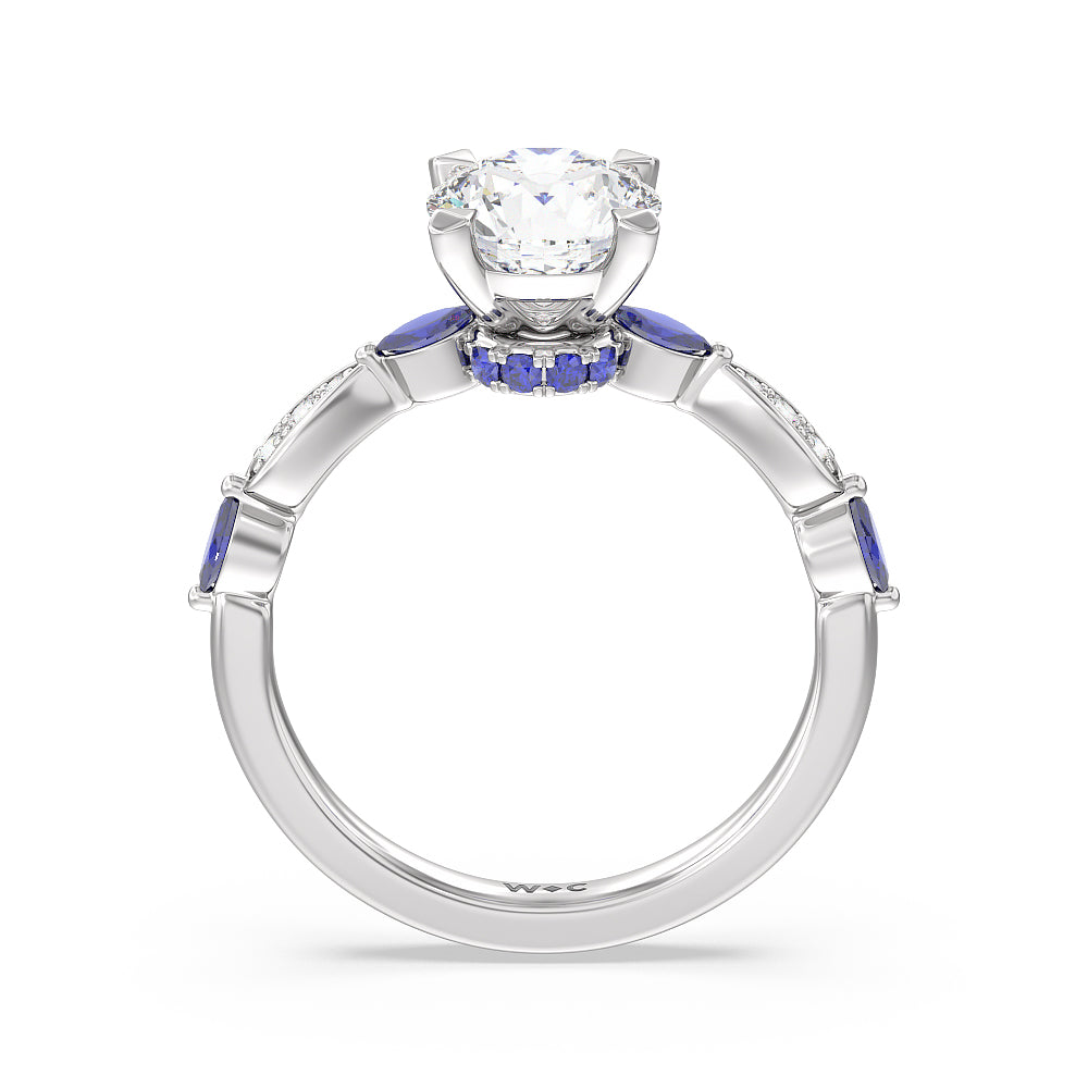 Round Cut Gerbera Marquise Created Blue Sapphire and Diamond Engagement Ring with Lab Grown Diamond in 14KT Platinum view 2
