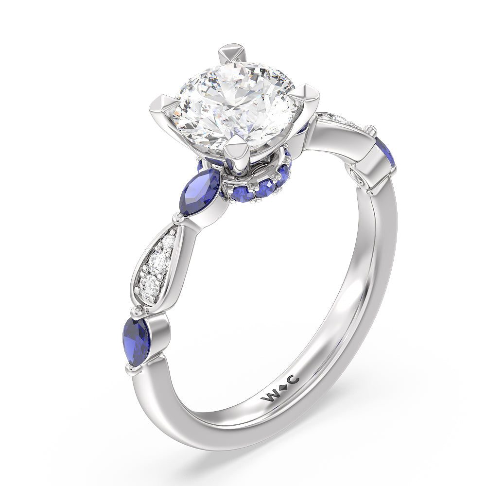 Round Cut Gerbera Marquise Created Blue Sapphire and Diamond Engagement Ring with Lab Grown Diamond in 14KT Platinum view 3
