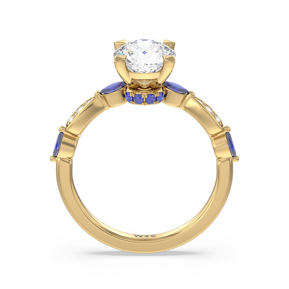 Round Cut Gerbera Marquise Created Blue Sapphire and Diamond Engagement Ring with Lab Grown Diamond in 14KT Yellow Gold view 2
