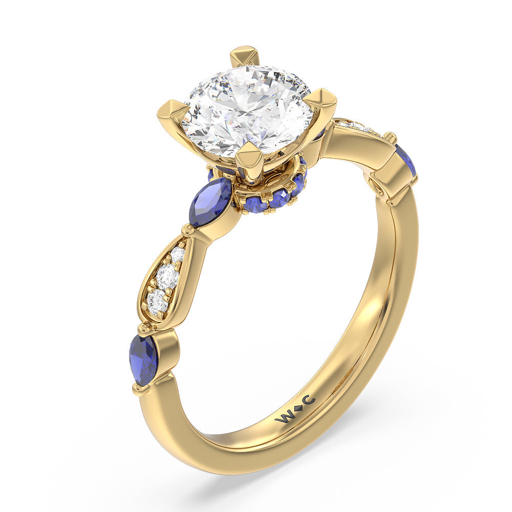 Round Cut Gerbera Marquise Created Blue Sapphire and Diamond Engagement Ring with Lab Grown Diamond in 14KT Yellow Gold view 3
