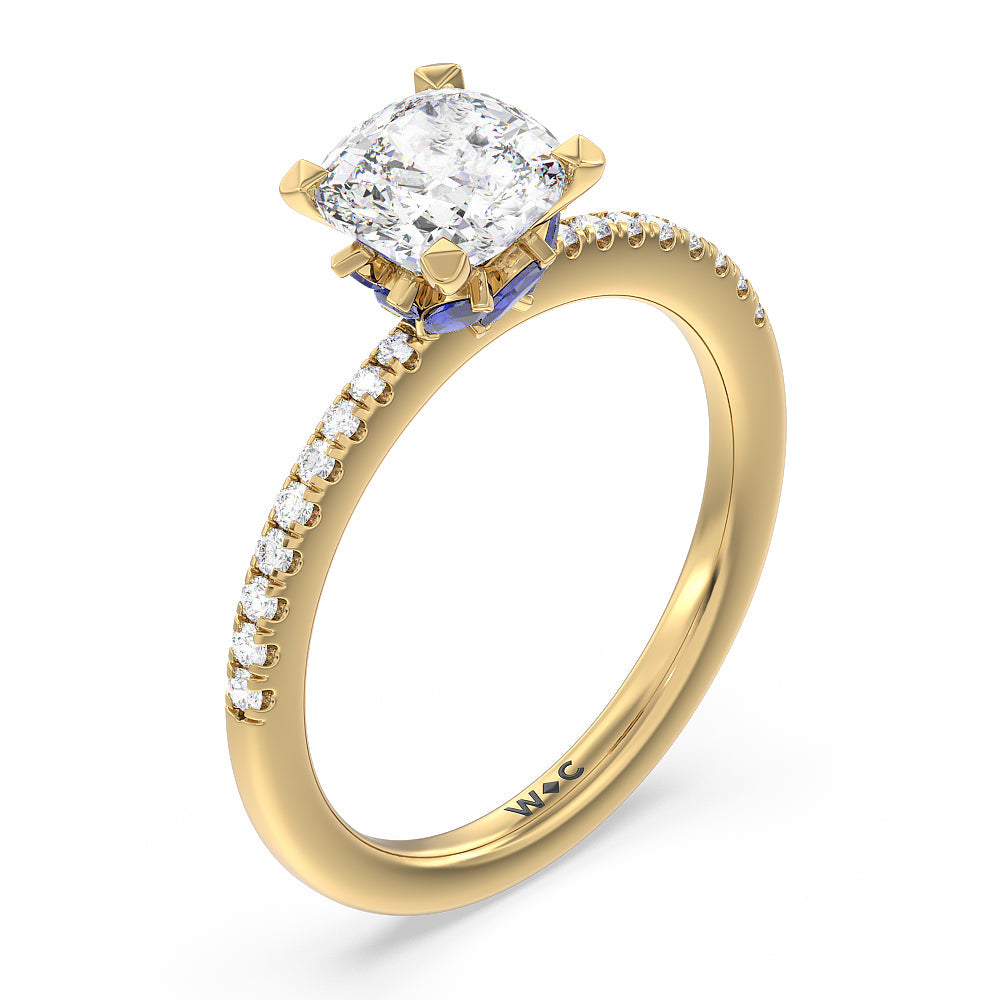 Periwinkle Under Halo Engagement Ring with Cushion Cut Diamond in 14KT Yellow Gold view 3
