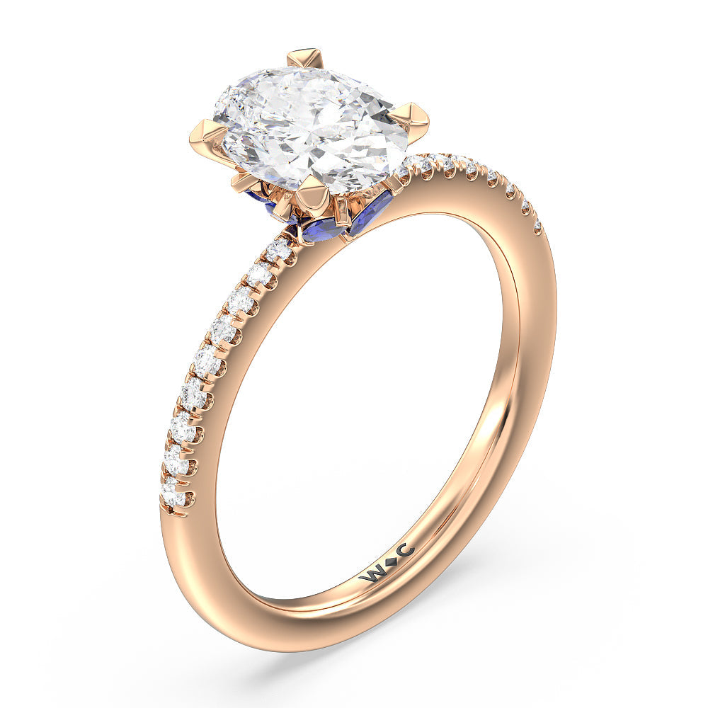 Periwinkle Under Halo Engagement Ring with Oval Cut Diamond in 14KT Rose Gold view 3
