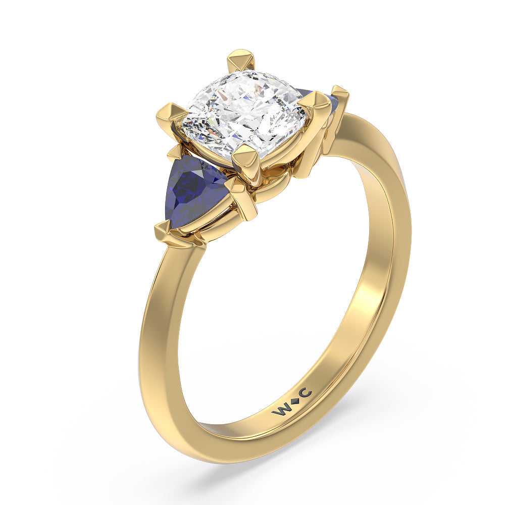 Cushion Cut Knife Edge Trillion Engagement Ring with Lab Grown Diamond in 14KT Yellow Gold view 3
