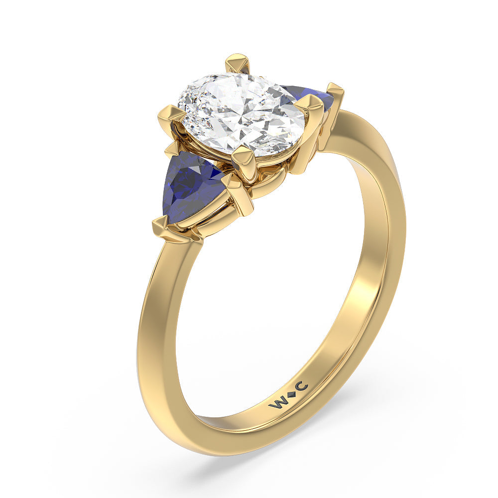 Oval Cut Knife Edge Trillion Engagement Ring with Lab Grown Diamond in 14KT Yellow Gold view 3
