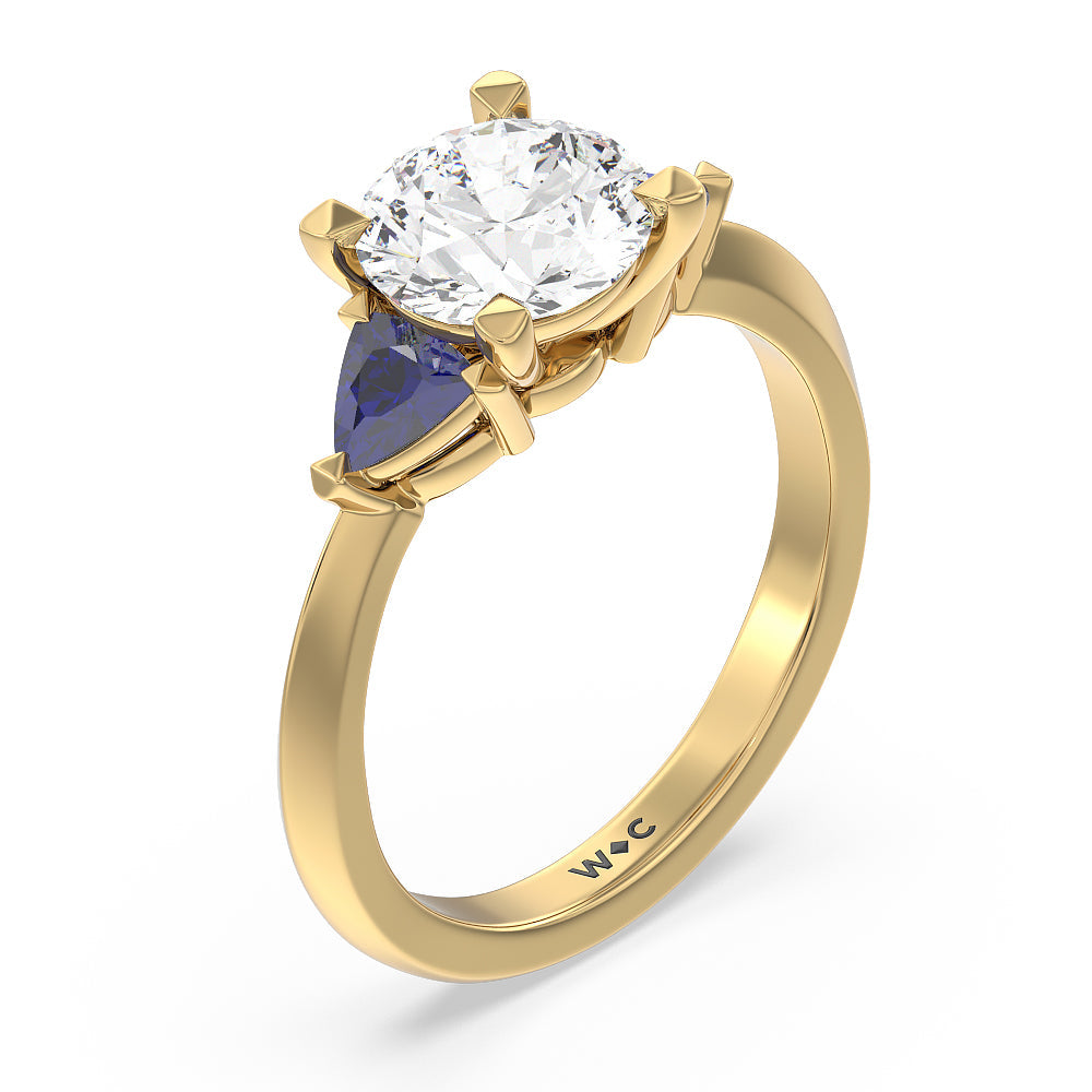 Round Cut Knife Edge Trillion Engagement Ring with Lab Grown Diamond in 14KT Yellow Gold view 3
