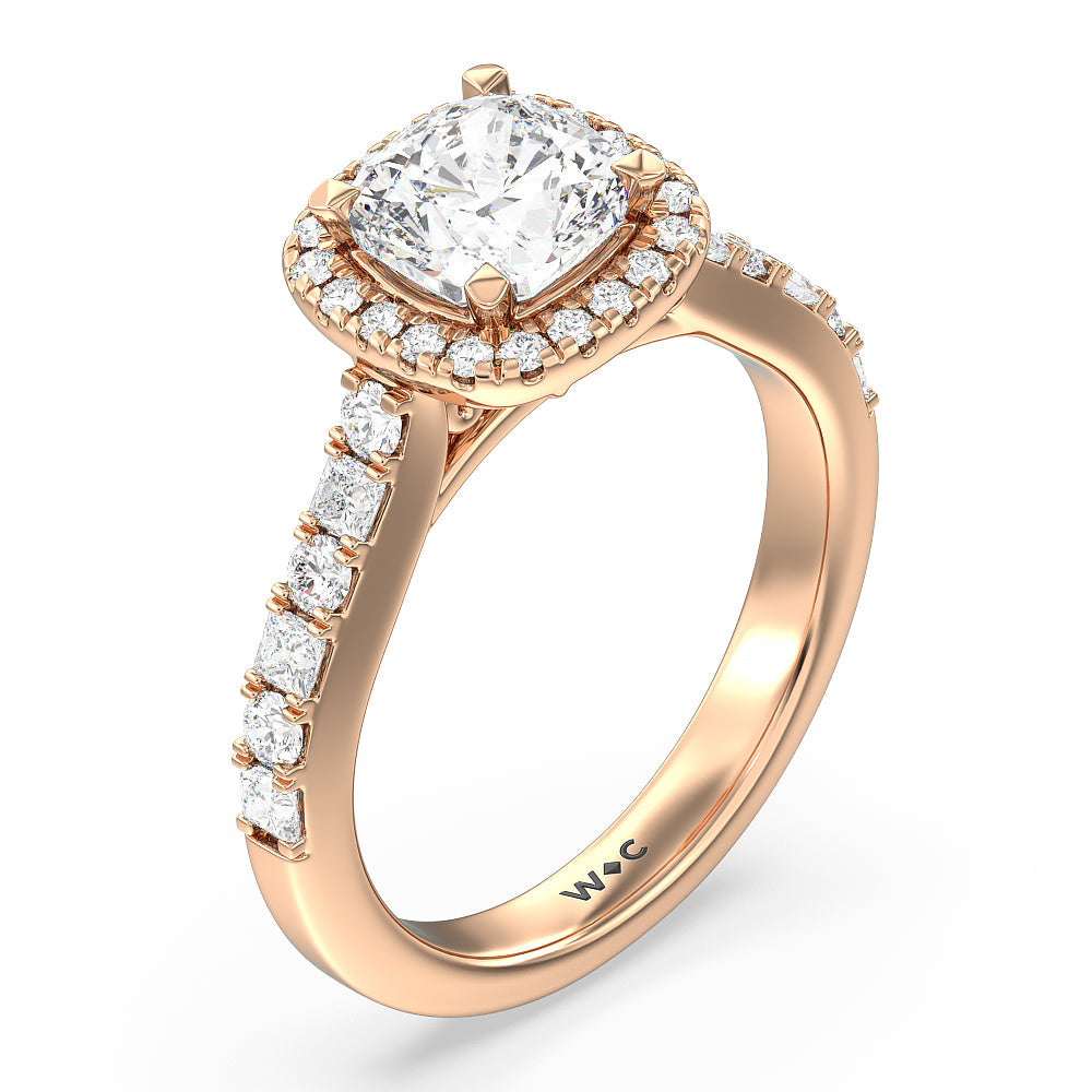 Contemporary Halo Engagement Ring with Cushion Cut Diamond in 14KT Rose Gold view 3
