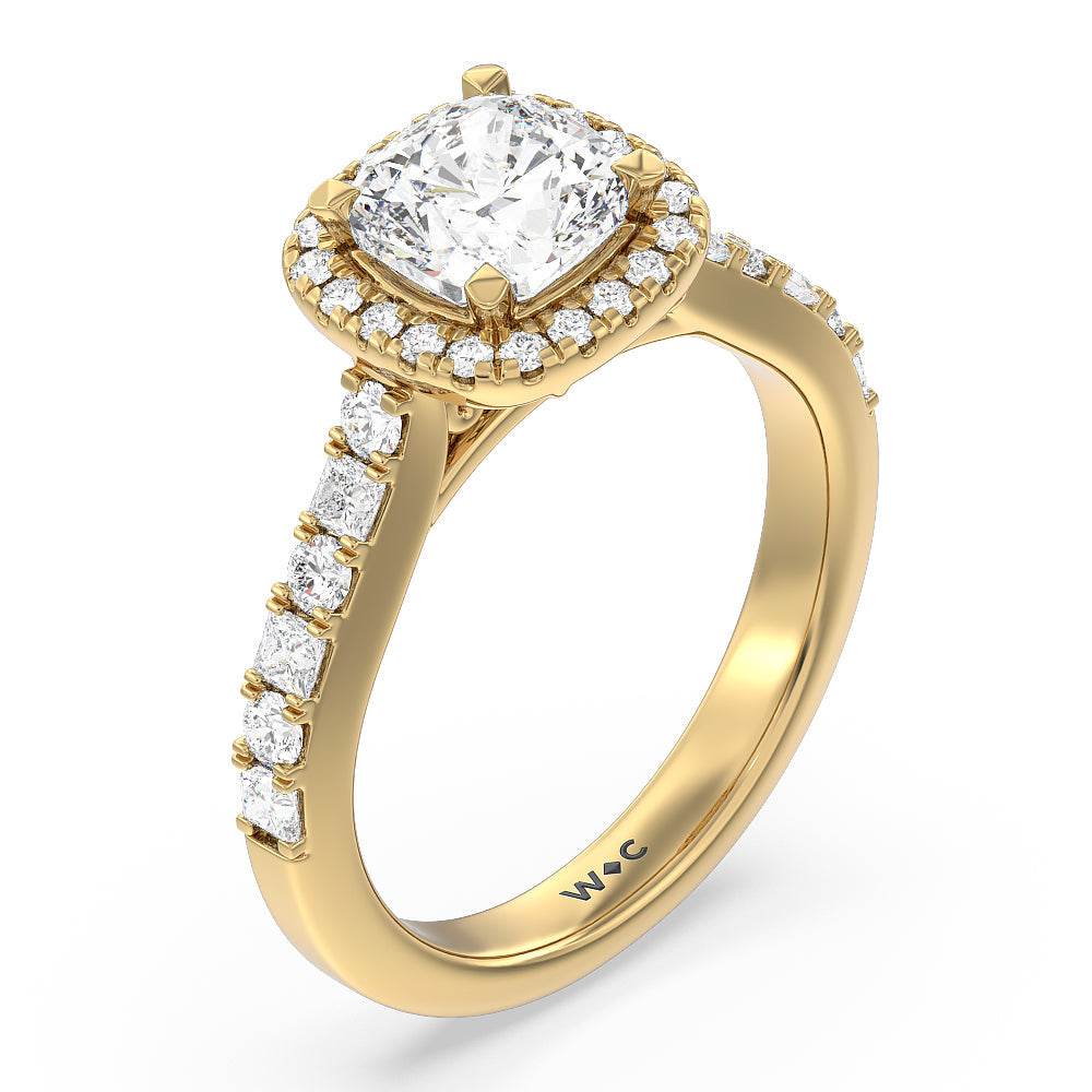 Contemporary Halo Engagement Ring with Cushion Cut Diamond in 14KT Yellow Gold view 3
