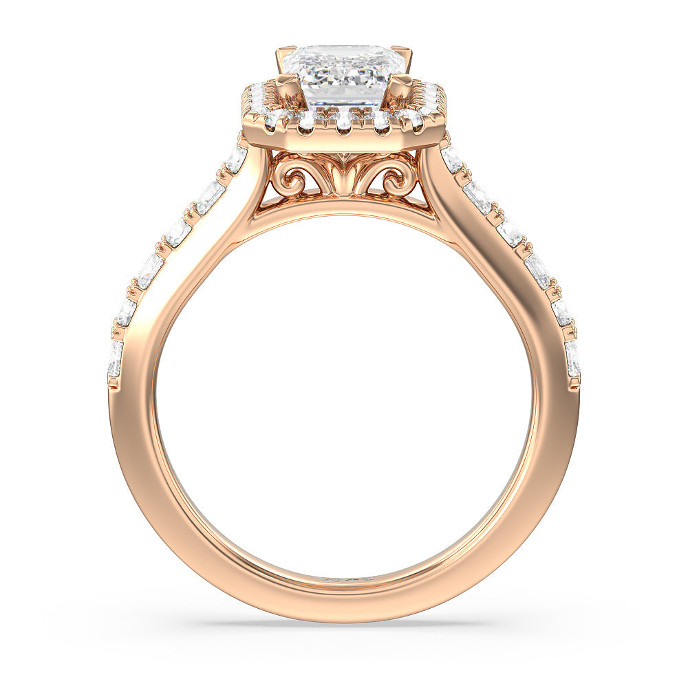 Contemporary Halo Engagement Ring with Emerald Cut Diamond in 14KT Rose Gold view 2
