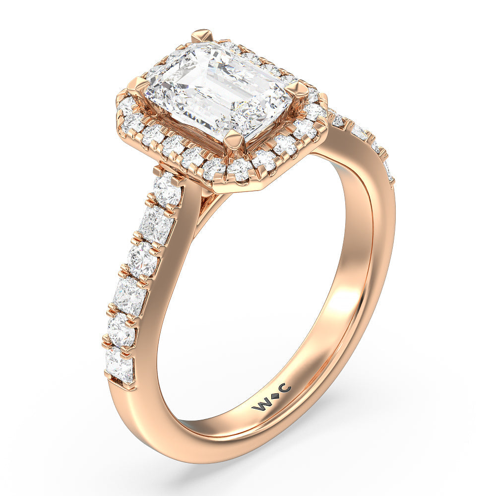 Contemporary Halo Engagement Ring with Emerald Cut Diamond in 14KT Rose Gold view 3
