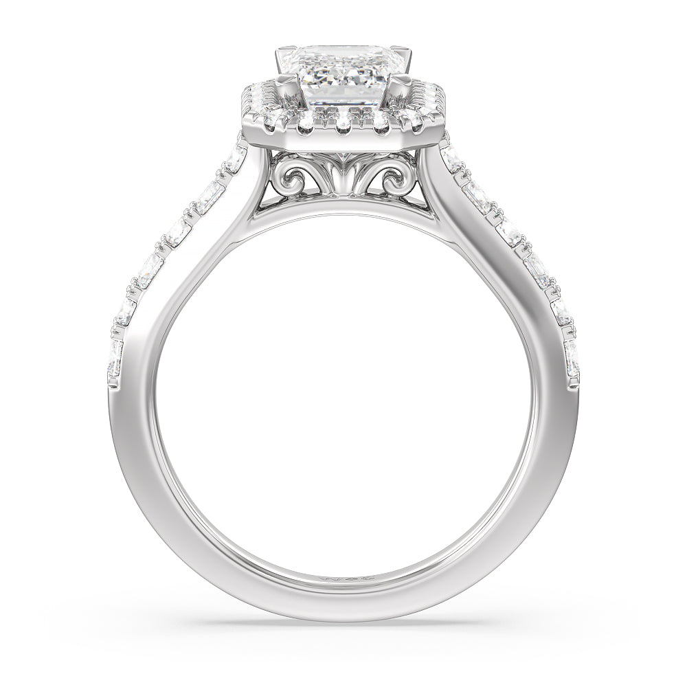 Contemporary Halo Engagement Ring with Emerald Cut Diamond in 14KT Platinum view 2
