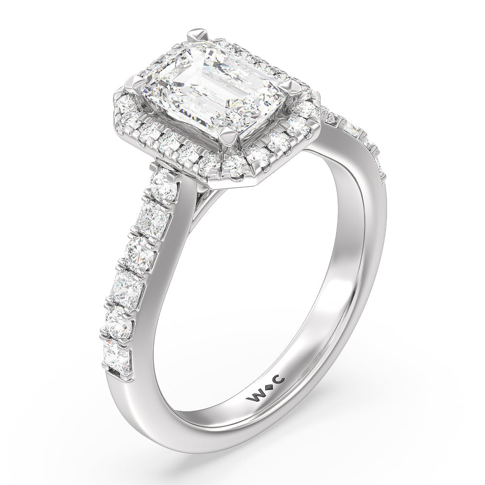 Contemporary Halo Engagement Ring with Emerald Cut Diamond in 14KT Platinum view 3
