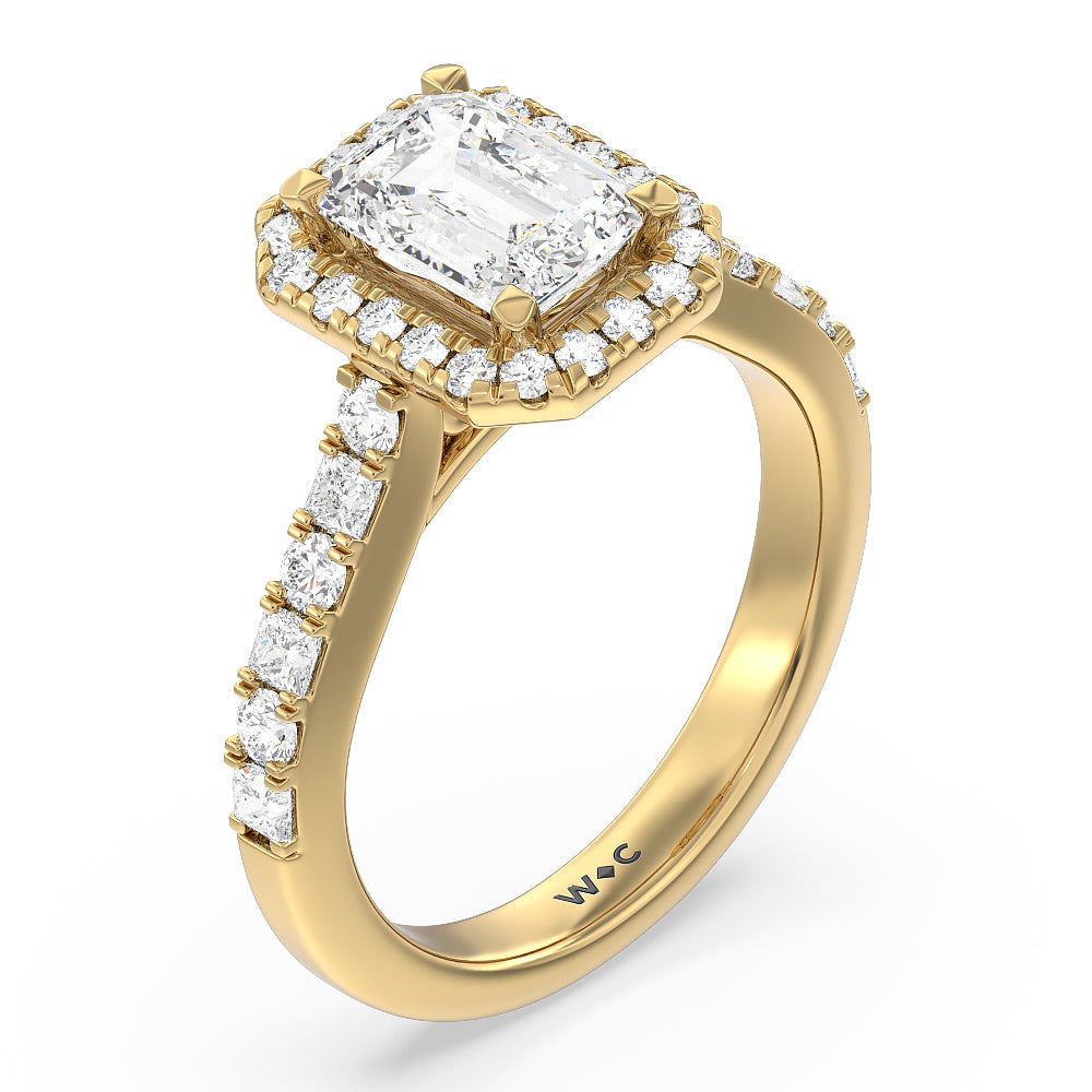 Contemporary Halo Engagement Ring with Emerald Cut Diamond in 14KT Yellow Gold view 3

