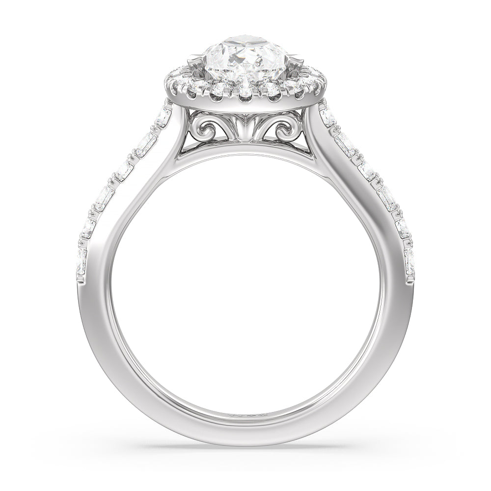 Contemporary Halo Engagement Ring with Pear Cut Diamond in 14KT Platinum view 2
