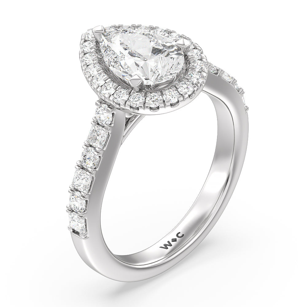Contemporary Halo Engagement Ring with Pear Cut Diamond in 14KT Platinum view 3
