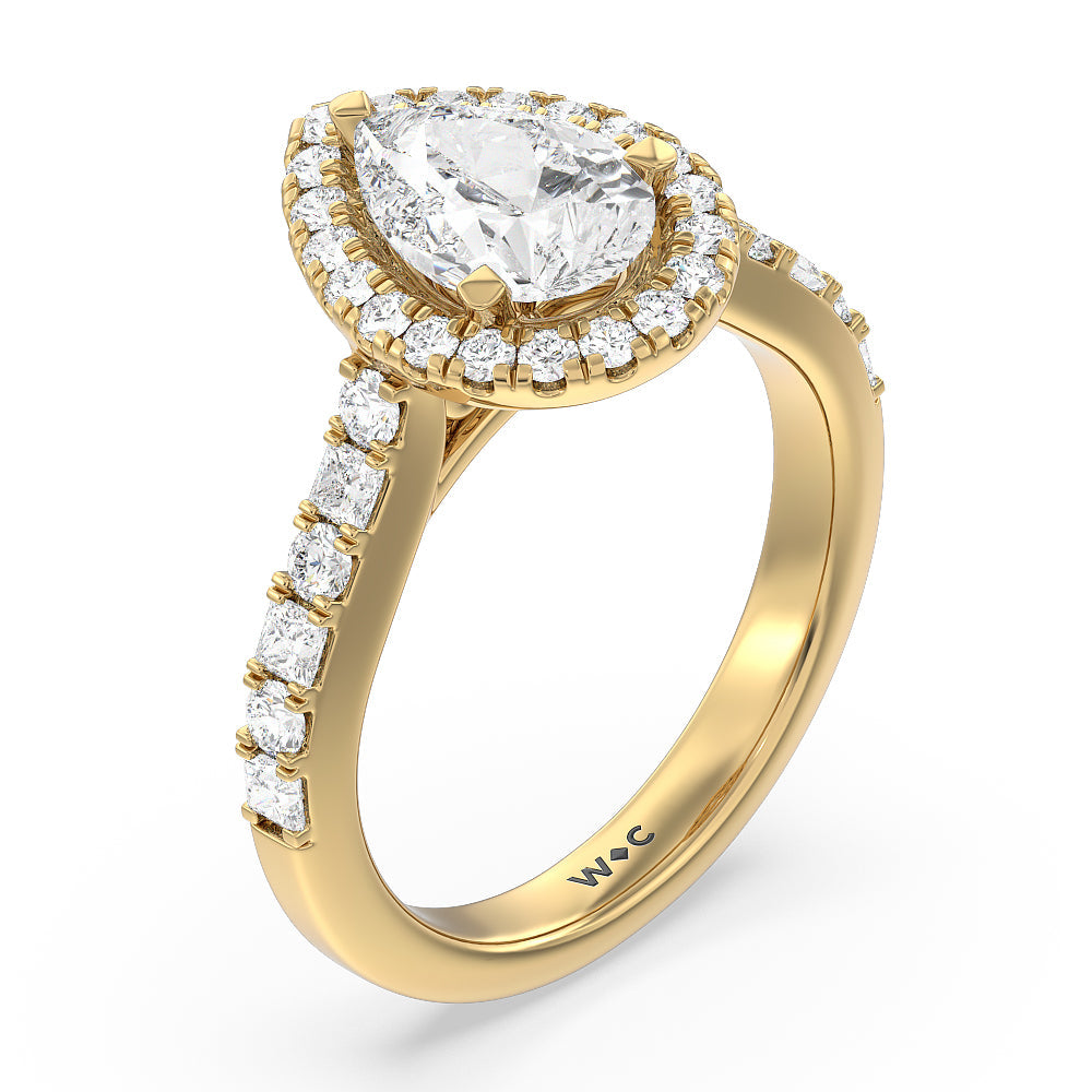 Contemporary Halo Engagement Ring with Pear Cut Diamond in 14KT Yellow Gold view 3
