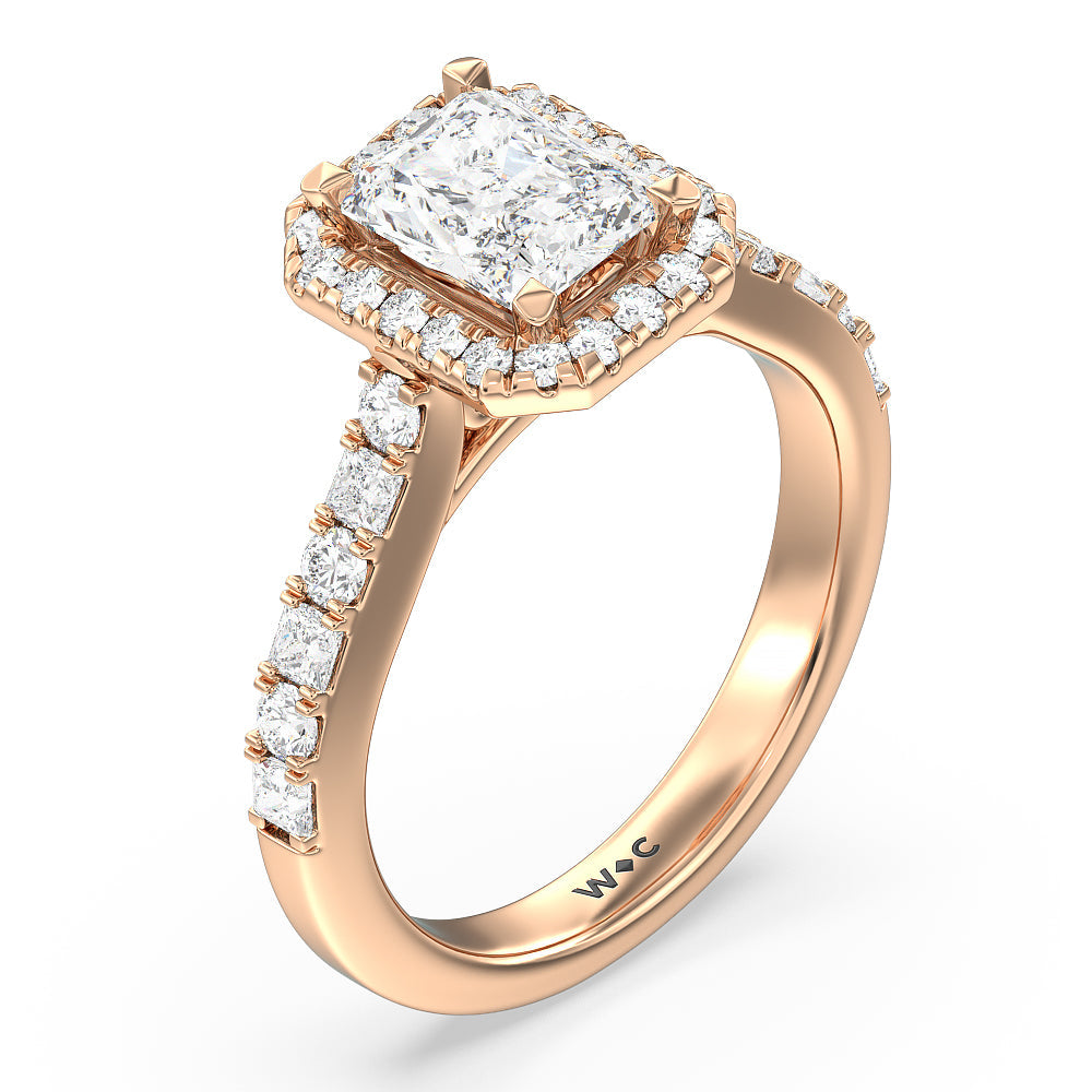Contemporary Halo Engagement Ring with Radiant Cut Diamond in 14KT Rose Gold view 3
