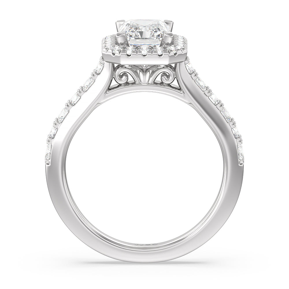 Contemporary Halo Engagement Ring with Radiant Cut Diamond in 14KT Platinum view 2
