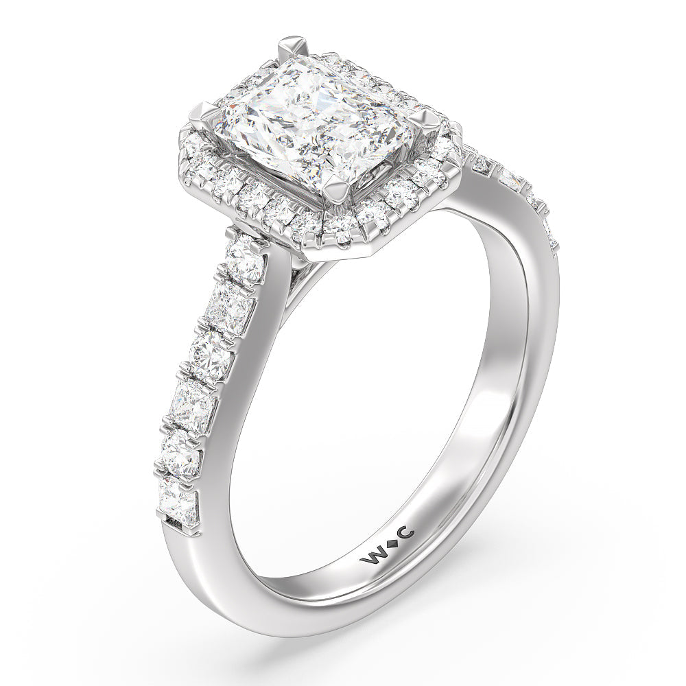 Contemporary Halo Engagement Ring with Radiant Cut Diamond in 14KT Platinum view 3
