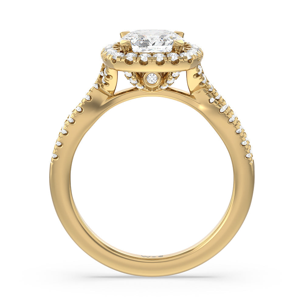Cushion Cut Twisted Shank Halo Engagement Ring with Lab Grown Diamond in 14KT Yellow Gold view 2
