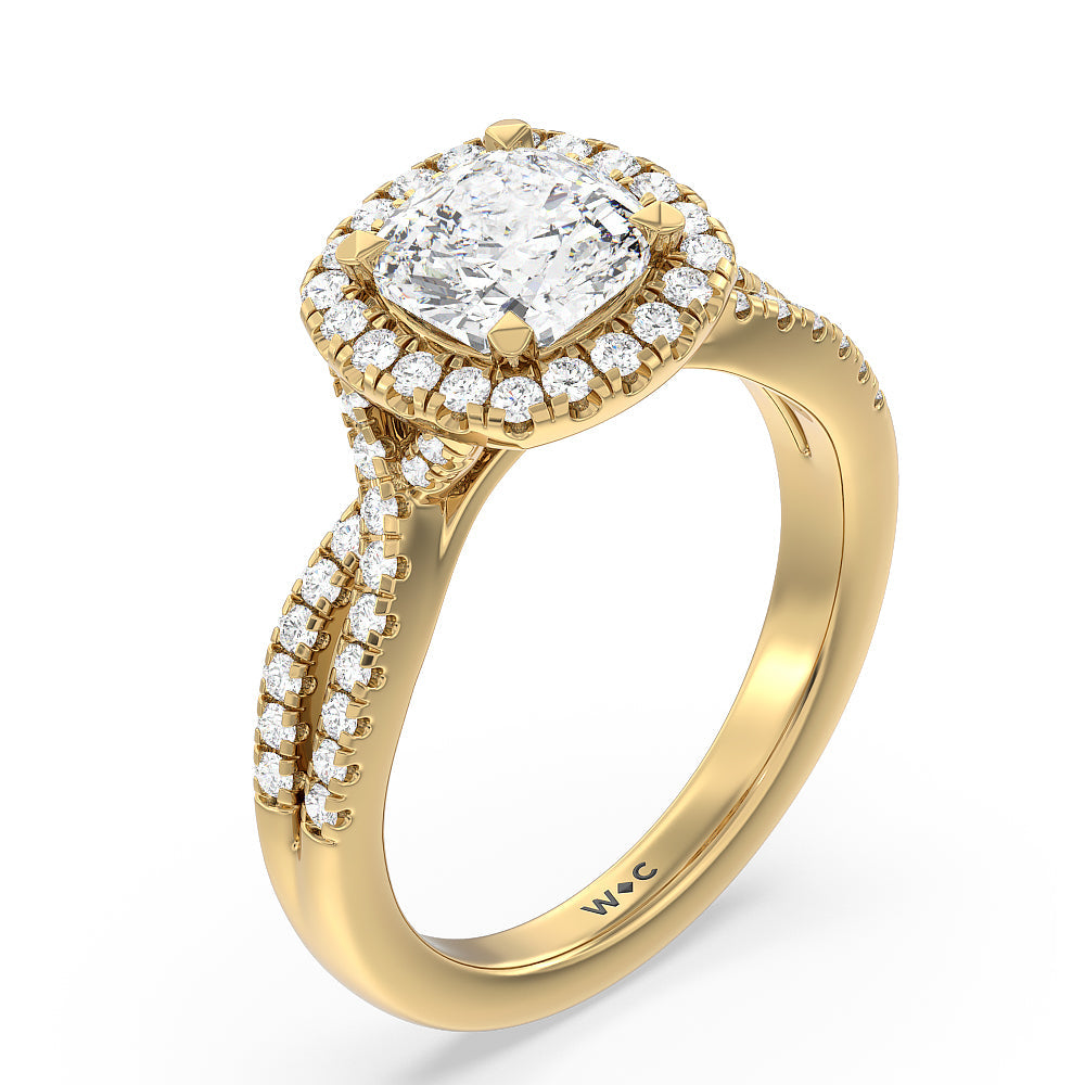 Cushion Cut Twisted Shank Halo Engagement Ring with Lab Grown Diamond in 14KT Yellow Gold view 3
