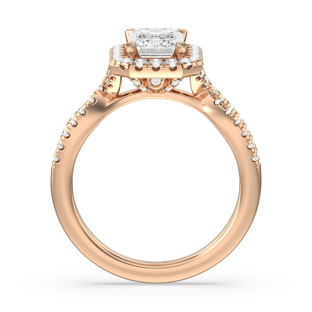Emerald Cut Twisted Shank Halo Engagement Ring with Lab Grown Diamond in 14KT Rose Gold view 2
