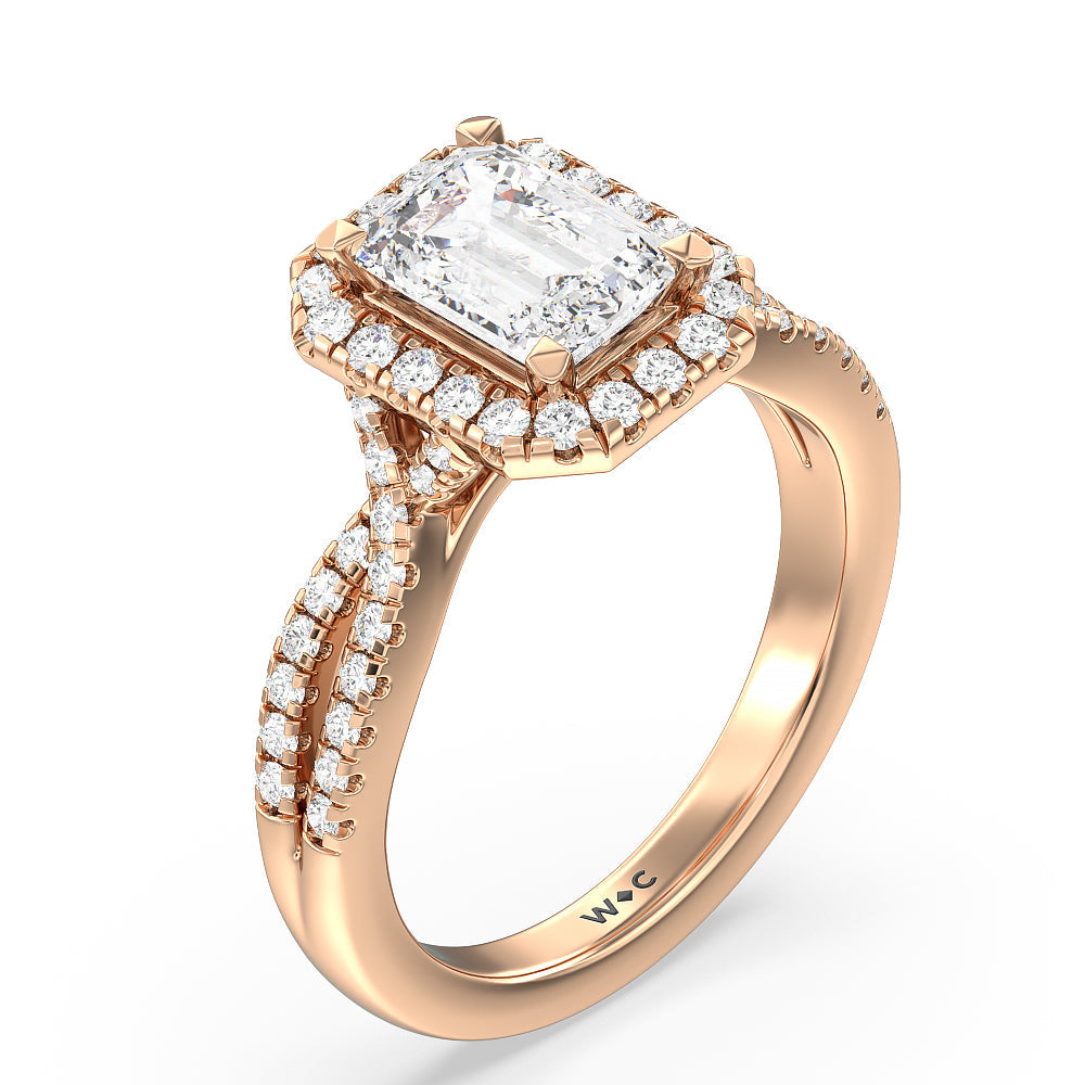 Emerald Cut Twisted Shank Halo Engagement Ring with Lab Grown Diamond in 14KT Rose Gold view 3
