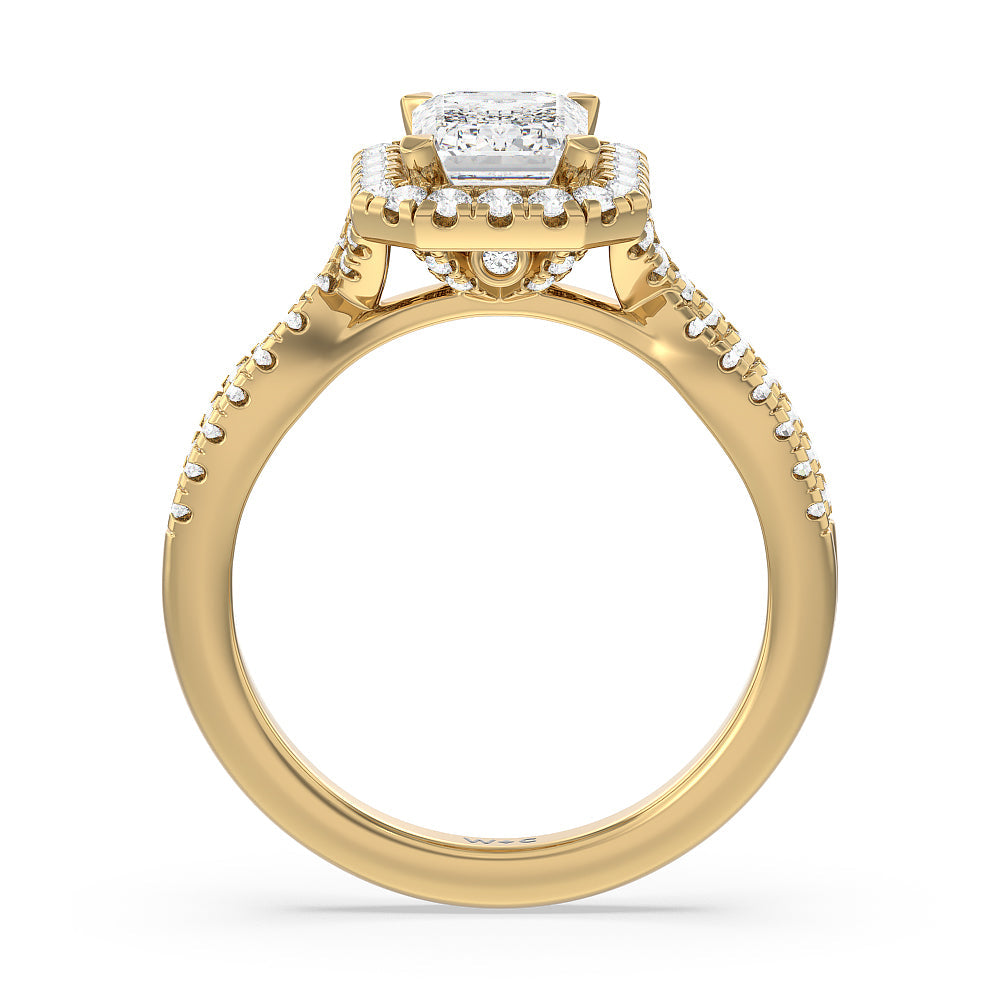 Emerald Cut Twisted Shank Halo Engagement Ring with Lab Grown Diamond in 14KT Yellow Gold view 2
