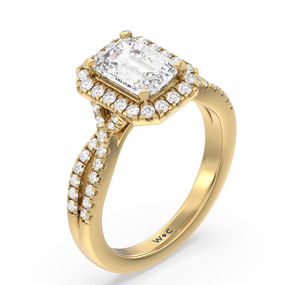 Emerald Cut Twisted Shank Halo Engagement Ring with Lab Grown Diamond in 14KT Yellow Gold view 3
