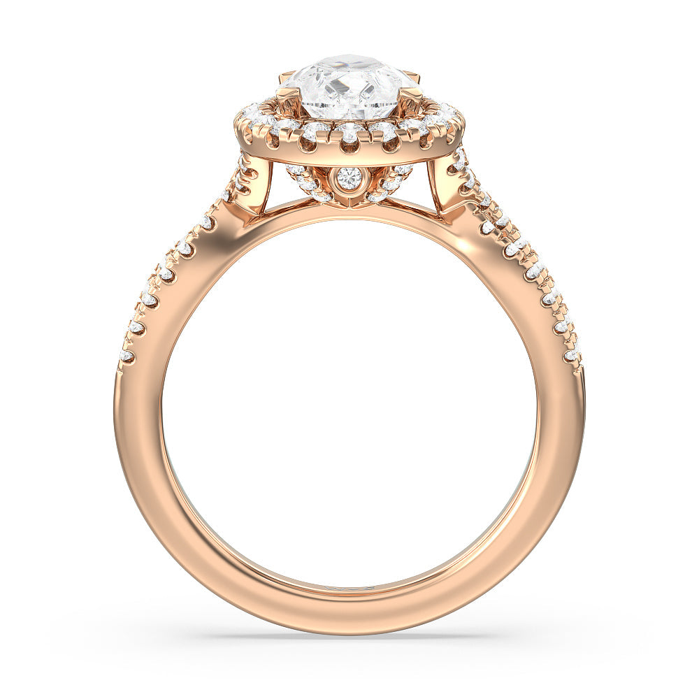 Pear Cut Twisted Shank Halo Engagement Ring with Lab Grown Diamond in 14KT Rose Gold view 2
