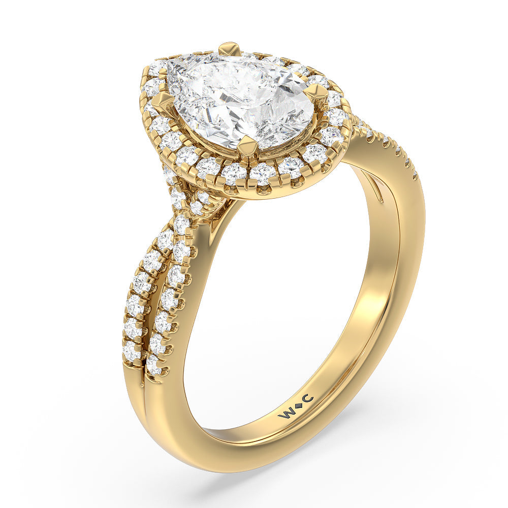 Pear Cut Twisted Shank Halo Engagement Ring with Lab Grown Diamond in 14KT Yellow Gold view 3
