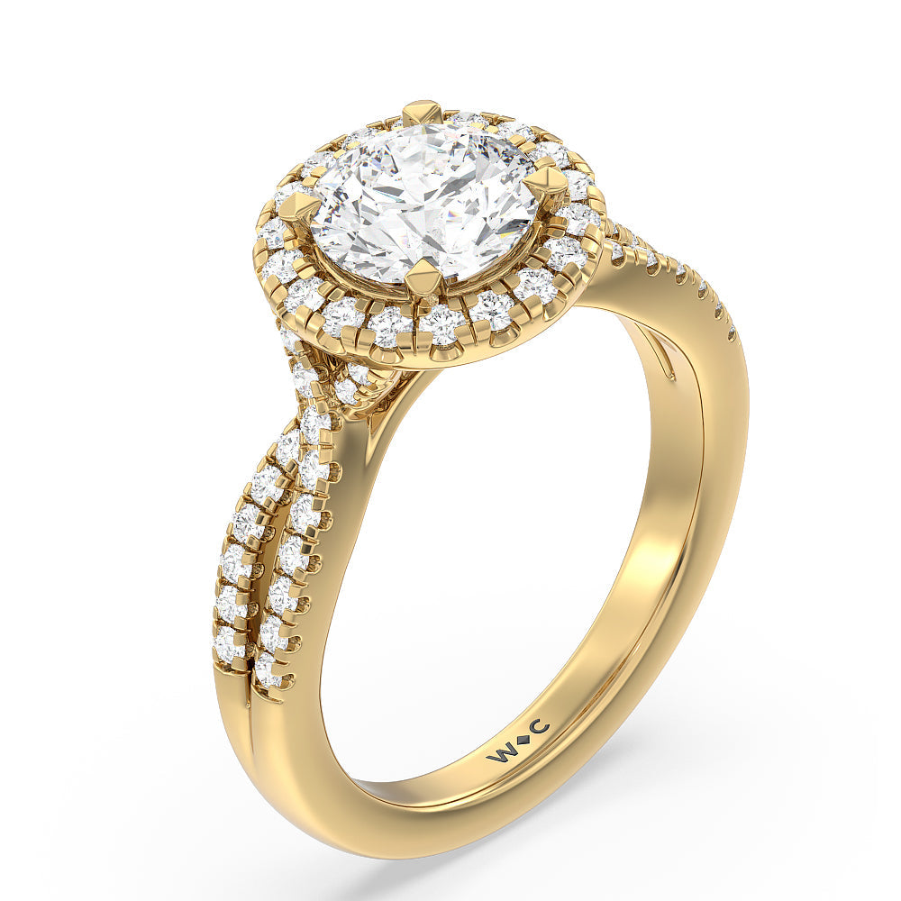 Round Cut Twisted Shank Halo Engagement Ring with Lab Grown Diamond in 14KT Yellow Gold view 3
