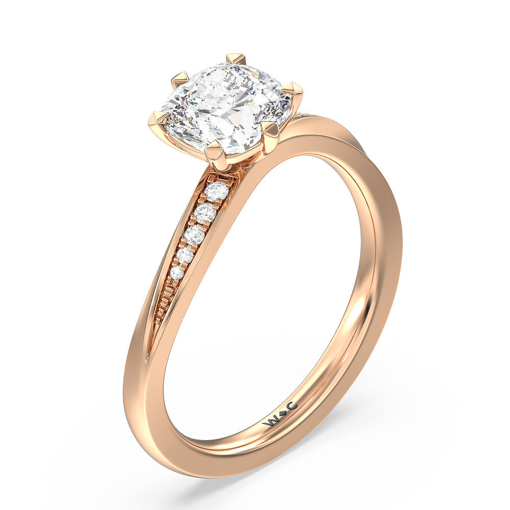 Cushion Cut Six Prong Wavy Diamond Shank Engagement Ring with Lab Grown Diamond in 14KT Rose Gold view 3
