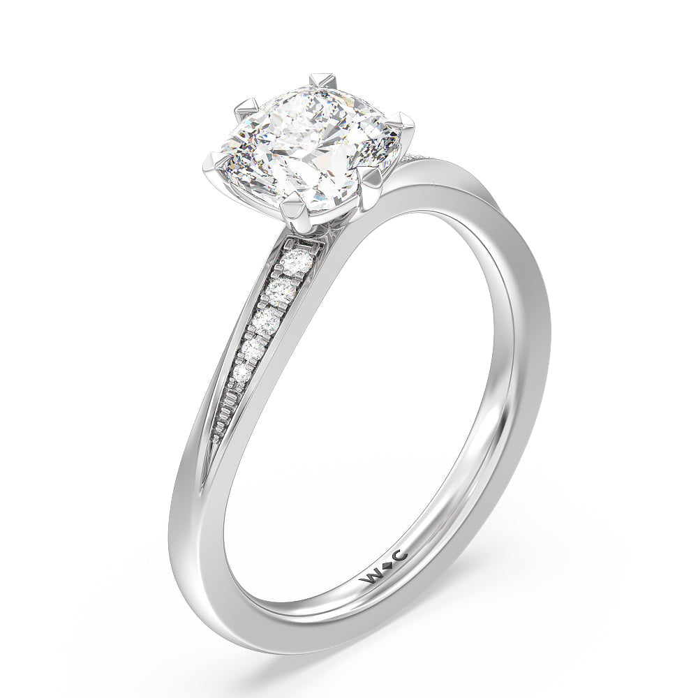 Cushion Cut Six Prong Wavy Diamond Shank Engagement Ring with Lab Grown Diamond in 14KT Platinum view 3
