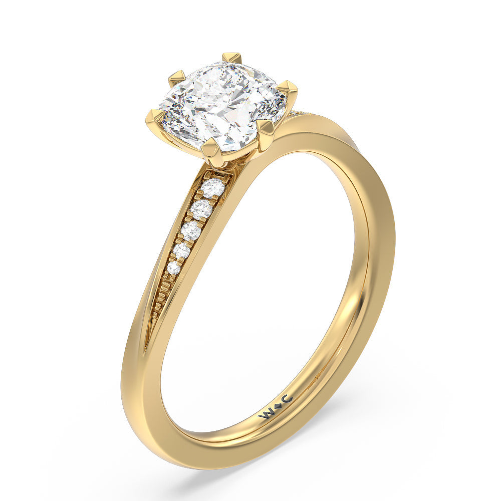 Cushion Cut Six Prong Wavy Diamond Shank Engagement Ring with Lab Grown Diamond in 14KT Yellow Gold view 3
