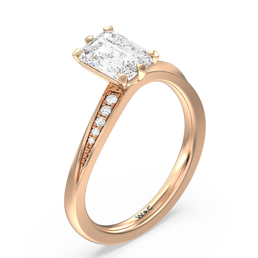 Emerald Cut Six Prong Wavy Diamond Shank Engagement Ring with Lab Grown Diamond in 14KT Rose Gold view 3
