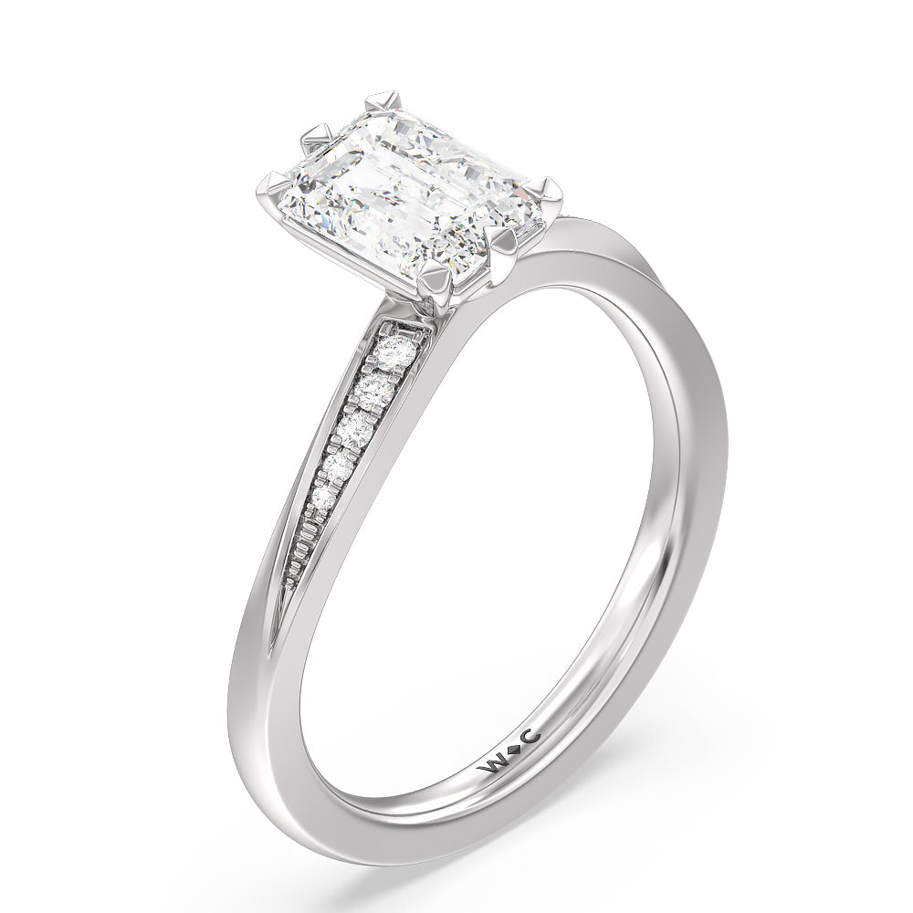 Emerald Cut Six Prong Wavy Diamond Shank Engagement Ring with Lab Grown Diamond in 14KT Platinum view 3
