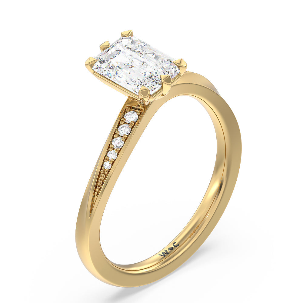 Emerald Cut Six Prong Wavy Diamond Shank Engagement Ring with Lab Grown Diamond in 14KT Yellow Gold view 3
