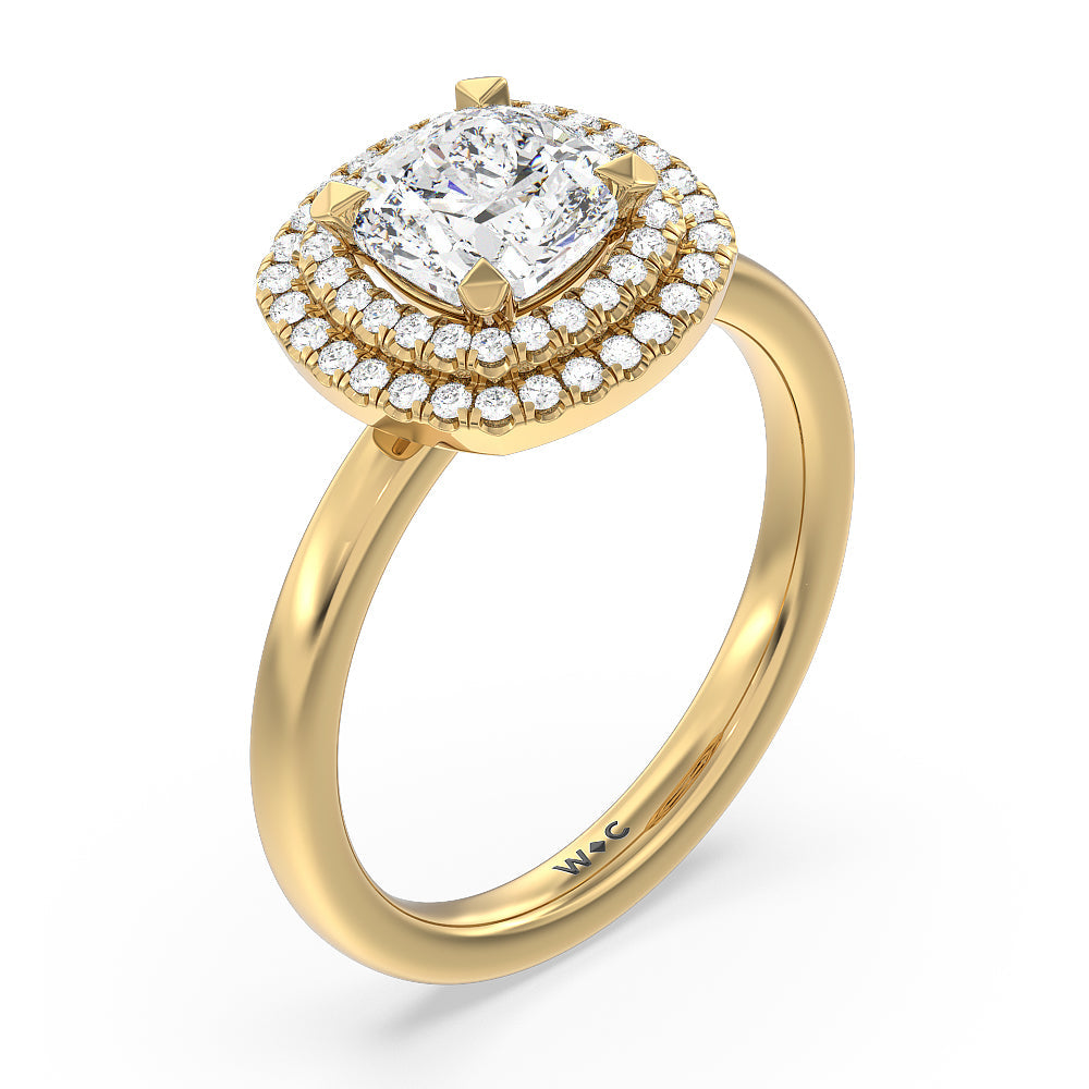 Saturn Double Halo Engagement Ring with Cushion Cut Diamond in 14KT Yellow Gold view 3
