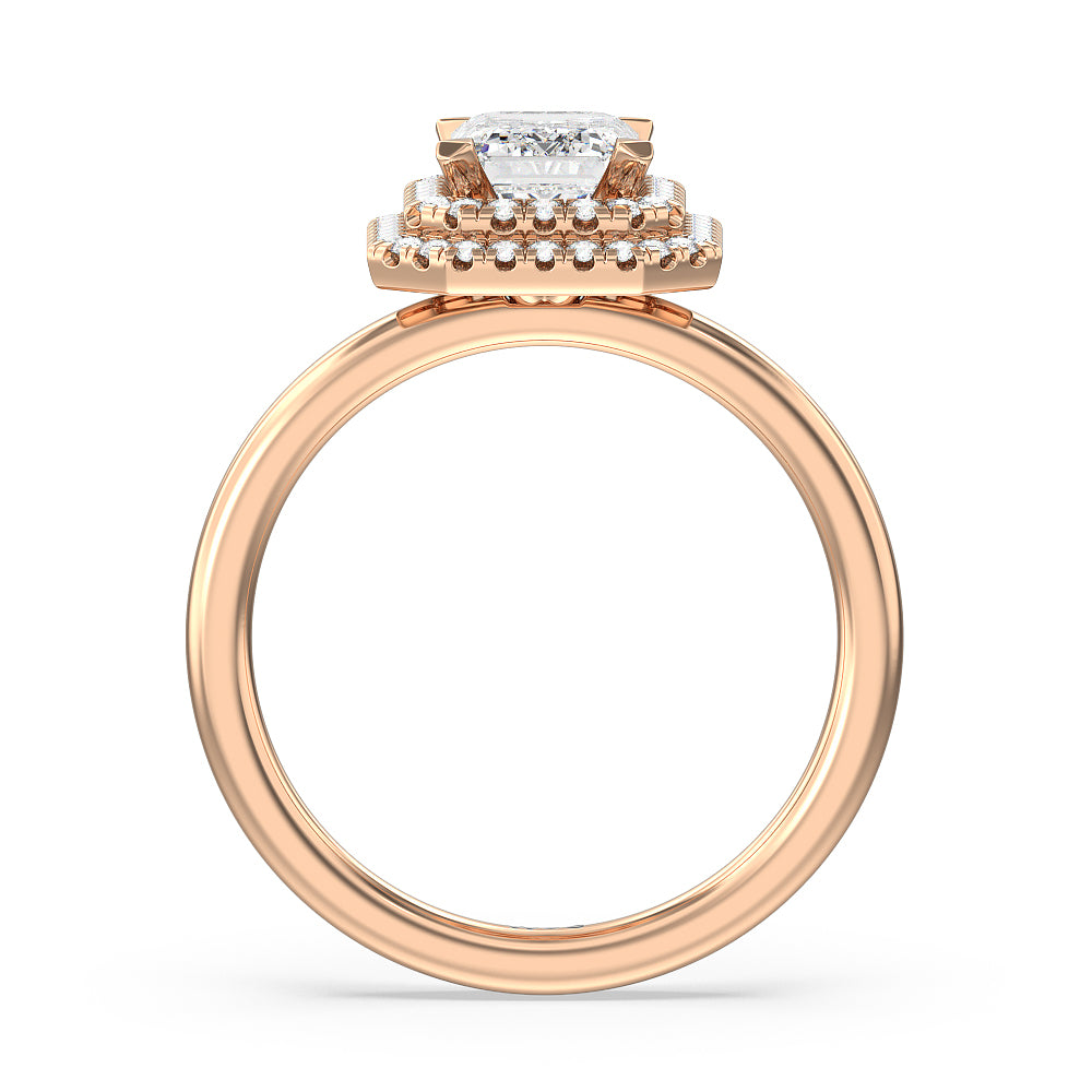 Saturn Double Halo Engagement Ring with Emerald Cut Diamond in 14KT Rose Gold view 2
