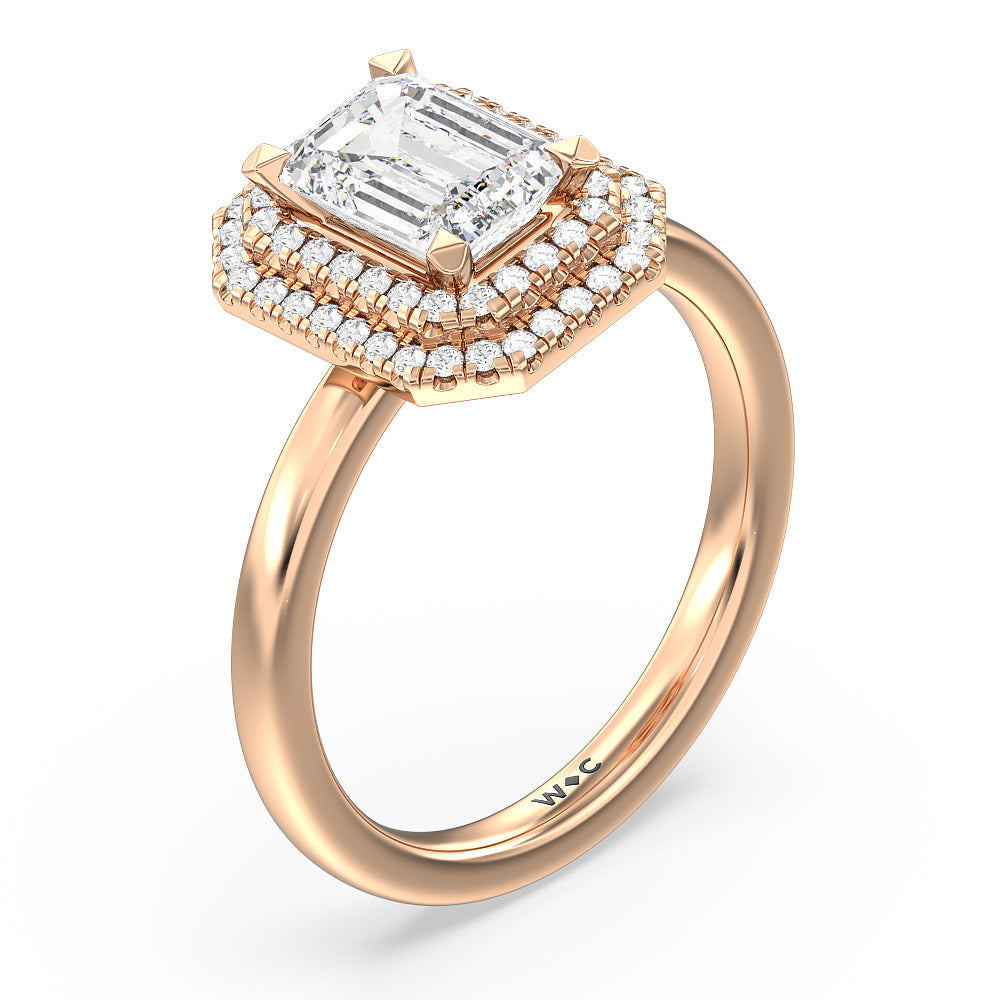 Saturn Double Halo Engagement Ring with Emerald Cut Diamond in 14KT Rose Gold view 3
