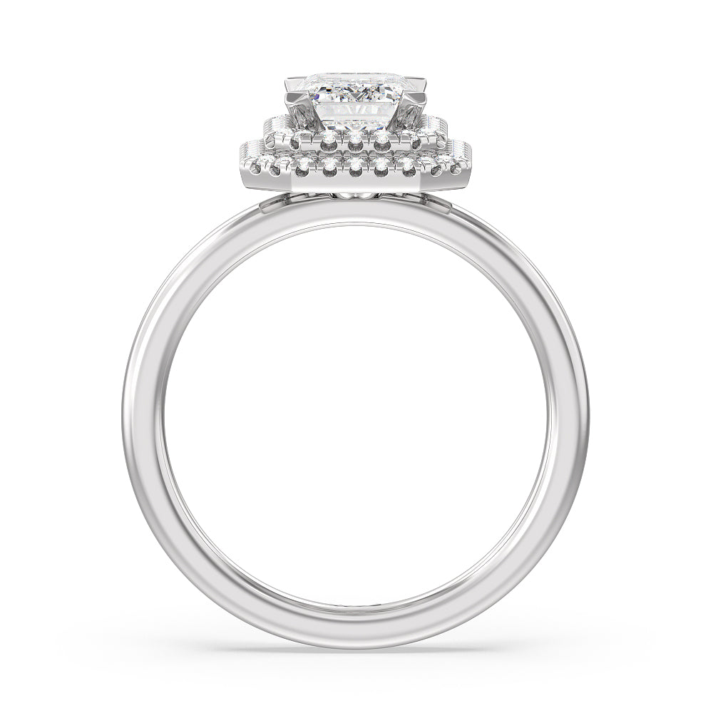 Saturn Double Halo Engagement Ring with Emerald Cut Diamond in 14KT Platinum view 2
