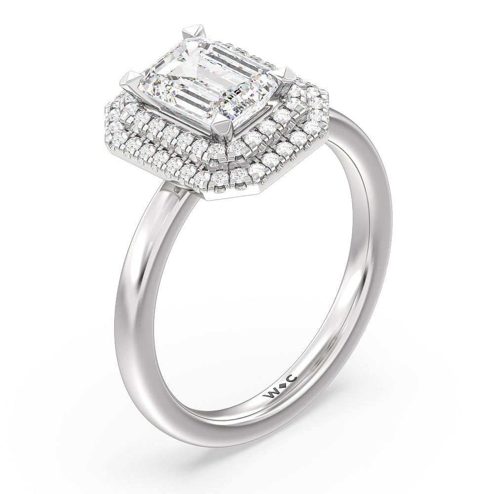 Saturn Double Halo Engagement Ring with Emerald Cut Diamond in 14KT Platinum view 3
