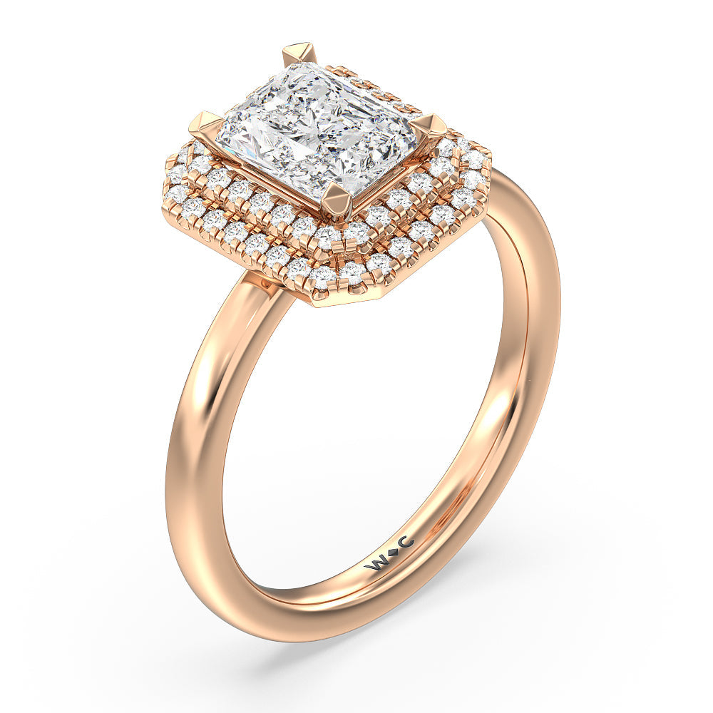 Saturn Double Halo Engagement Ring with Radiant Cut Diamond in 14KT Rose Gold view 3
