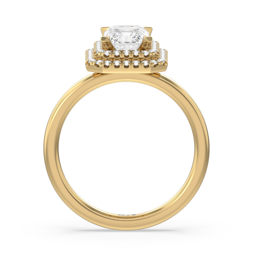 Saturn Double Halo Engagement Ring with Radiant Cut Diamond in 14KT Yellow Gold view 2

