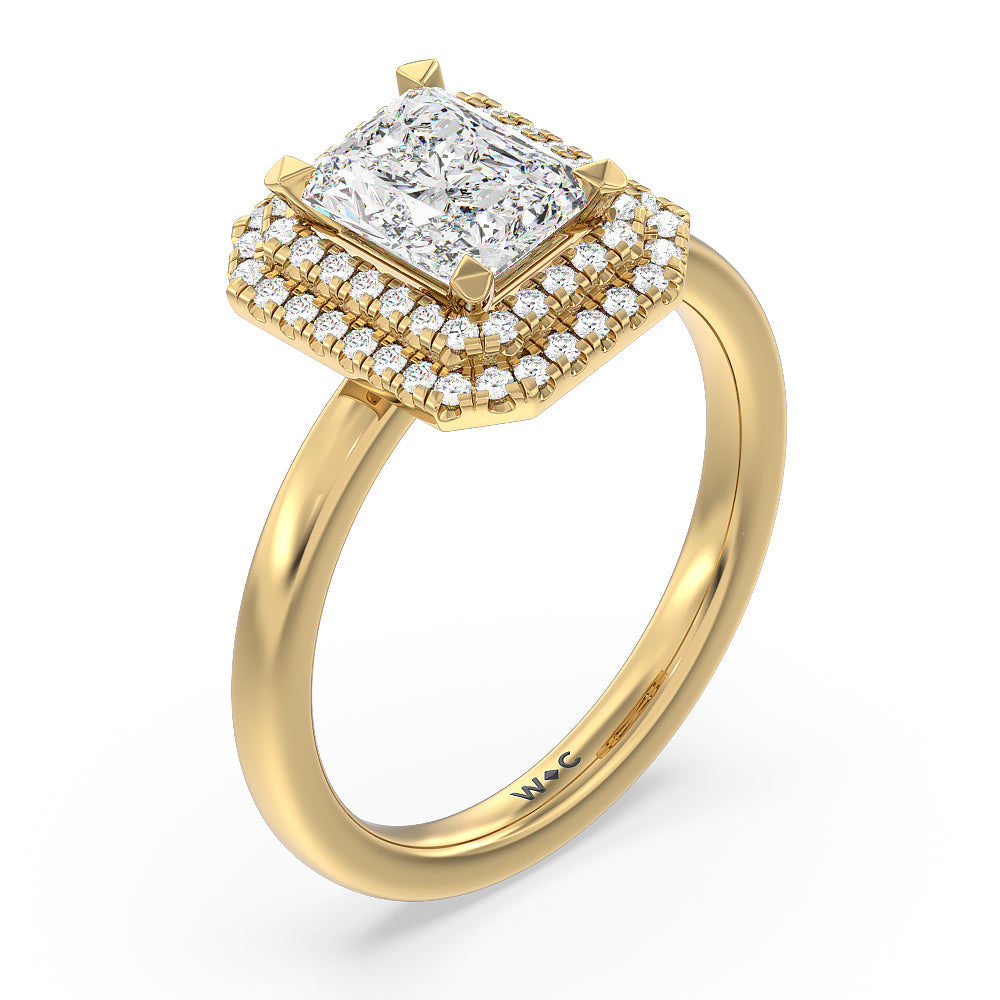 Saturn Double Halo Engagement Ring with Radiant Cut Diamond in 14KT Yellow Gold view 3
